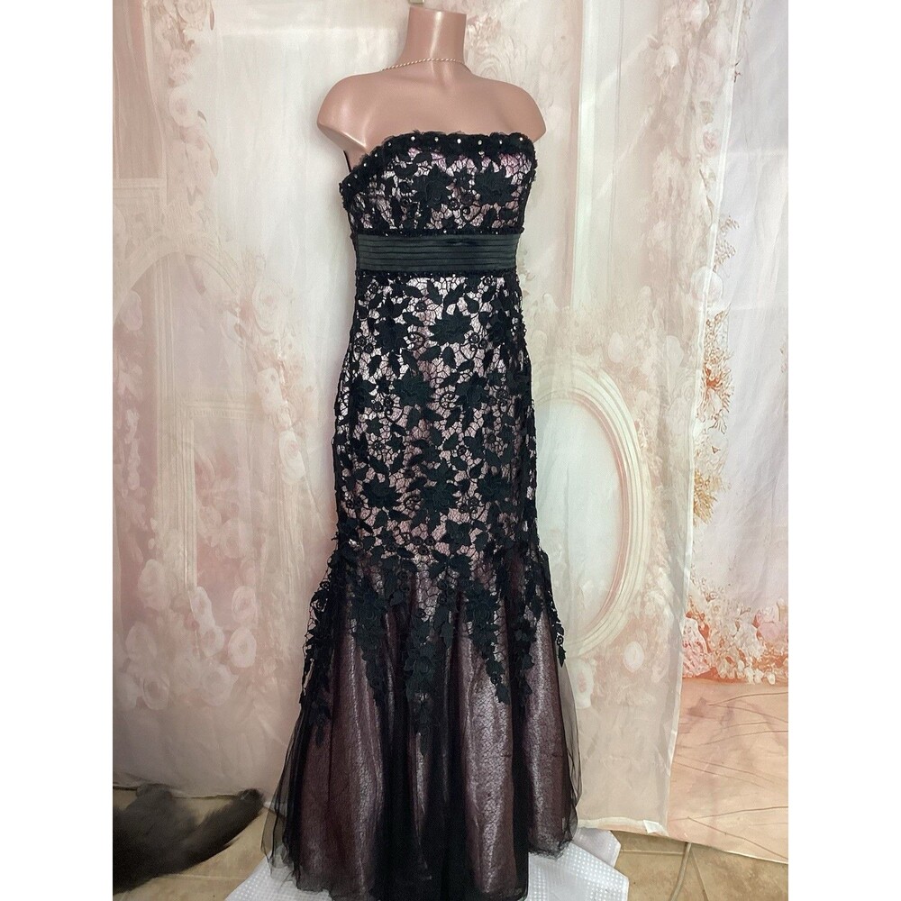 Strapless Black Lace Maxi Dress with Sheer Hem
